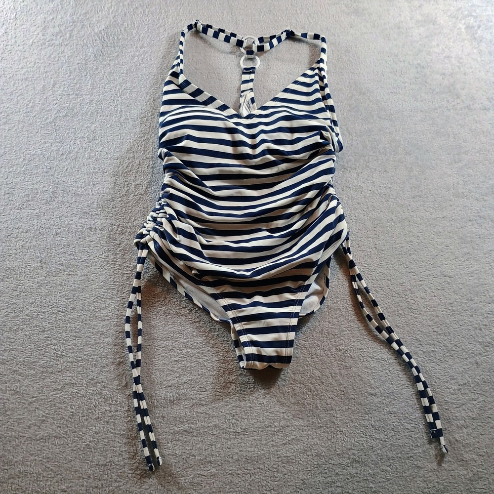 Kona Sol Womens One Piece Swimsuit Navy White XS Ruched Side Stripe Nautical